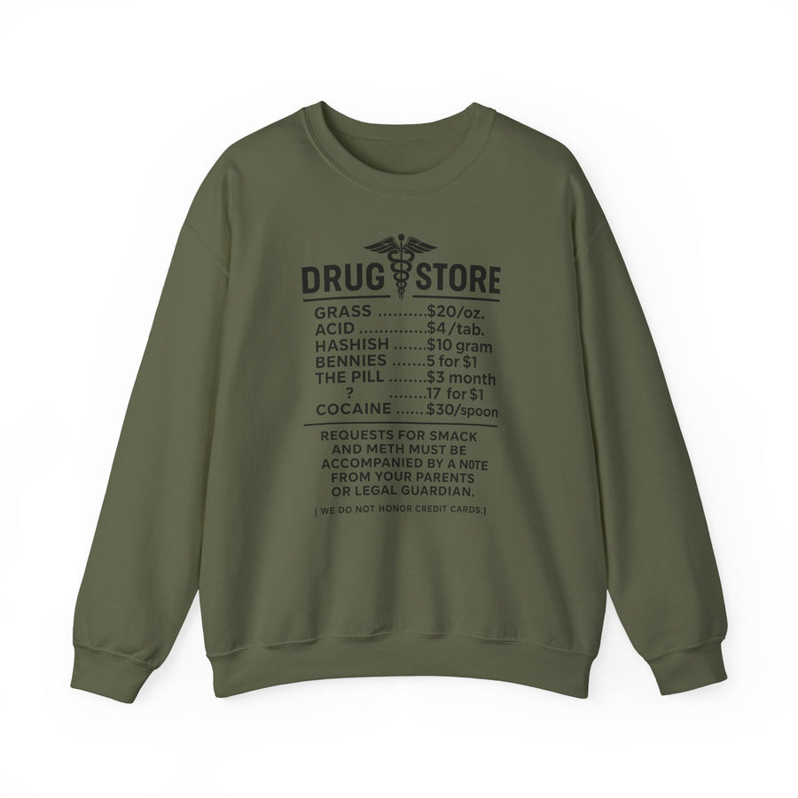 Vintage Pullover „Drug Store“ – Sweatshirt, die Preisliste der etwas anderen Apotheke – Military Green – Vorderseite