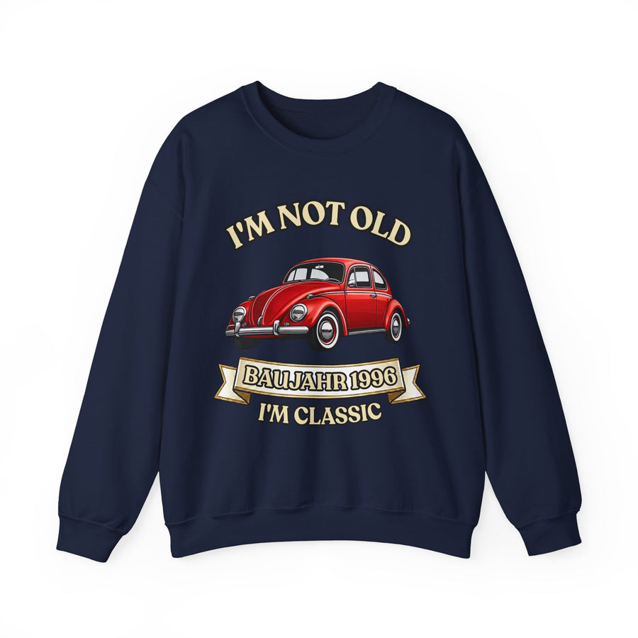 Geschenk zum 30. Geburtstag – Pullover Jahrgang 1996 VW Käfer – Navy – Vorderseite