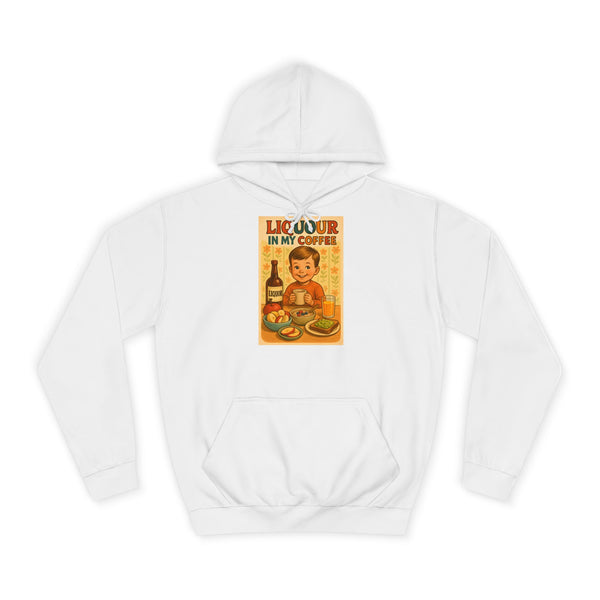 Kaffee Hoodie „Liquor in My Coffee“ – Retro-Humor für Kaffeetrinker – Arctic White – Vorderseite
