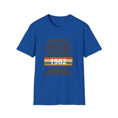 Blaues T-Shirt mit Schriftzug Limited-Vintage-Version 1982 Alter-in-Perfektion im 80er-Retro-Vintage-Stil fuer Geburtstagsgeschenke.