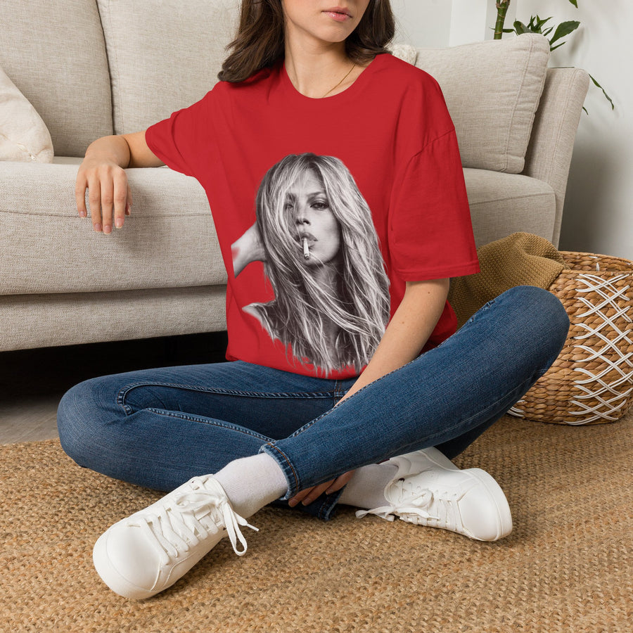 True Insights T-Shirt Kate Moss Porträt in Rot, kultiges Schwarz-Weiß Fashion Statement Shirt für Fans