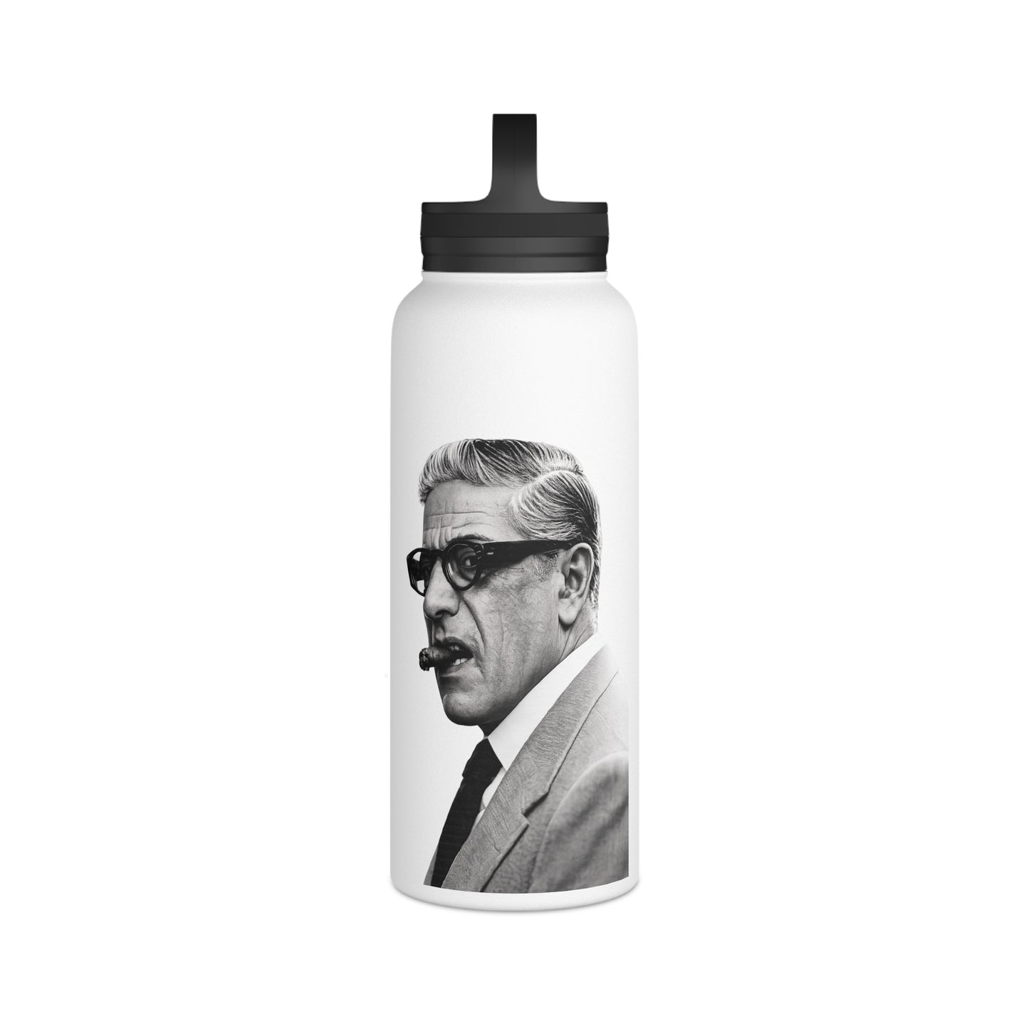 Aristoteles Onassis Portrait Edelstahl-Trinkflasche – Isolierte Wasserflasche mit Griff-Deckel, Vintage Schwarz-Weiß Ikone Geschenk