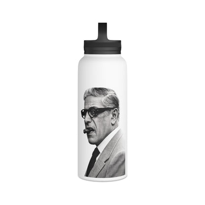 Aristoteles Onassis Portrait Edelstahl-Trinkflasche – Isolierte Wasserflasche mit Griff-Deckel, Vintage Schwarz-Weiß Ikone Geschenk