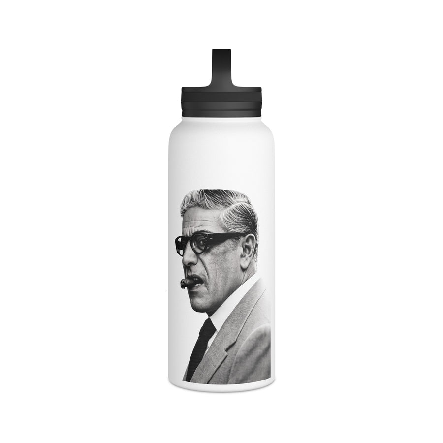 Naturfarben Isolier-Trinkflasche mit Schwarz-Weiß-Porträt eines Mannes mit Sonnenbrille und Schnurrbart.