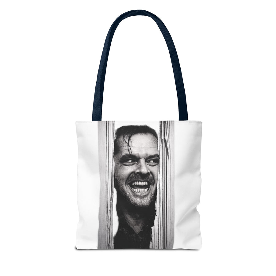 Naturfarbene Tote Bag mit schwarzweißem Porträt eines grinsenden Mannes zwischen Holzleisten.