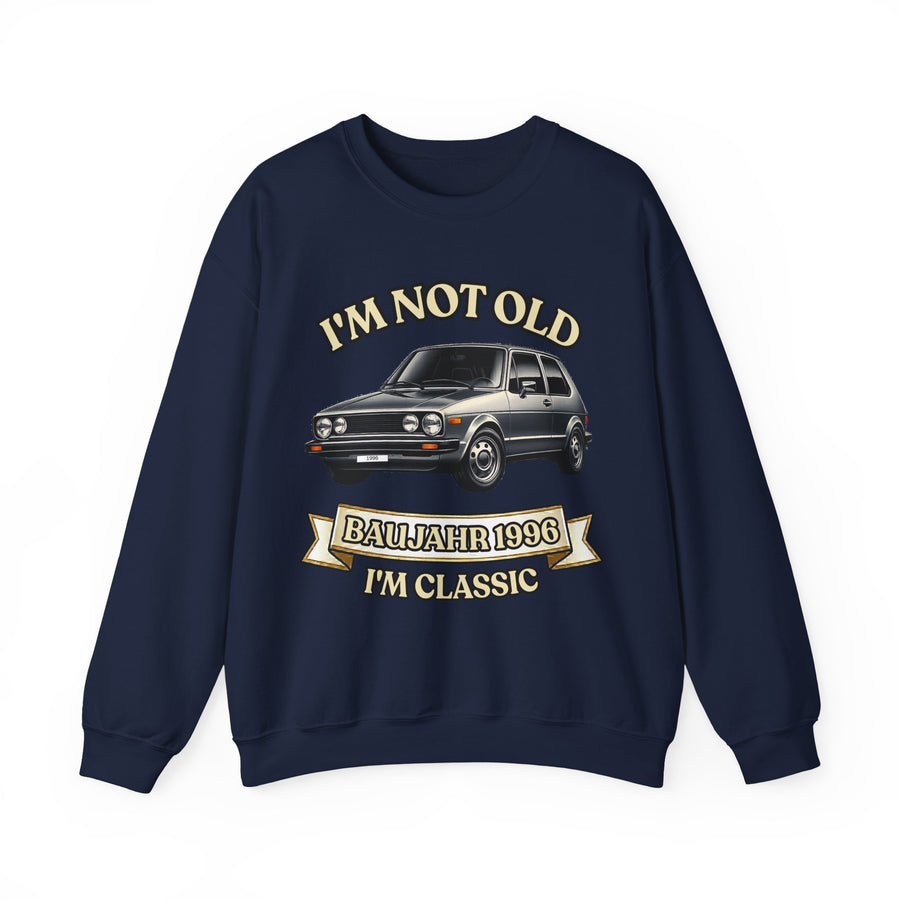 Geschenk zum 30. Geburtstag – Pullover Jahrgang 1996 VW Golf – Navy – Vorderseite