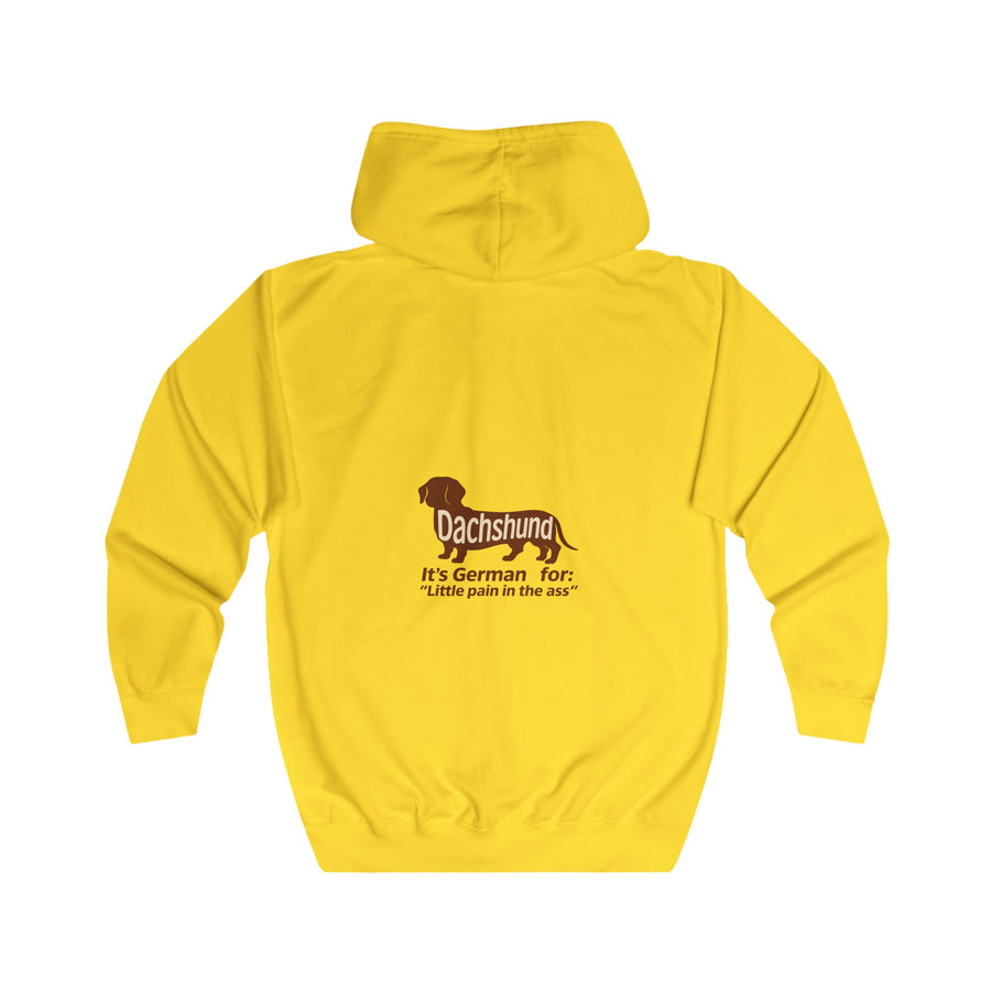 Dackel Sweatjacke „Dachshund – Little Pain in the Ass“ – Zip-Hoodie mit Rückendruck – Sun Yellow – Rückenansicht