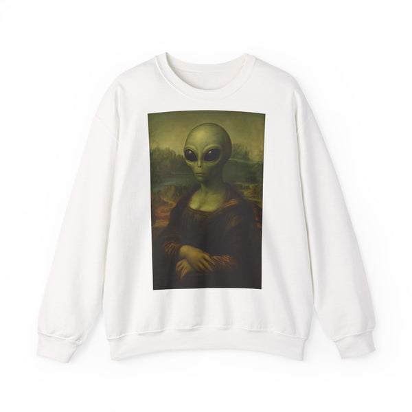 Kunst Pullover „Mona Alien“ – Sweatshirt, kunstparodie mit Außerirdischer – White – Vorderseite