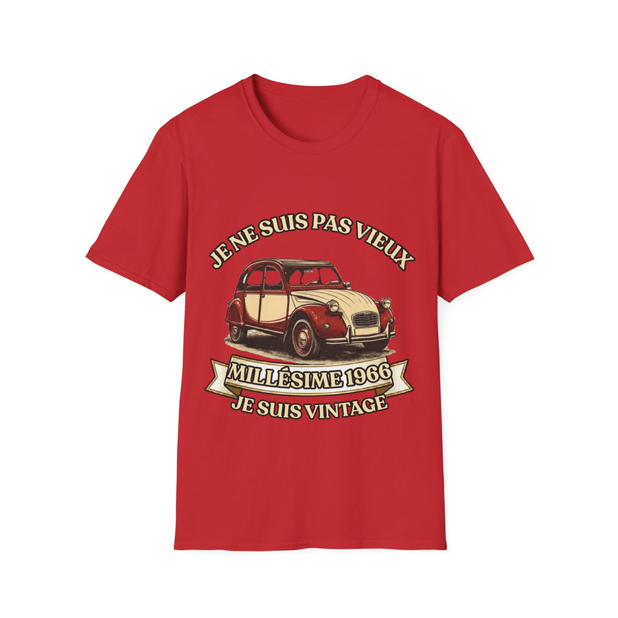 T-shirt Millésime 1966 « Je ne suis pas vieux, je suis vintage » – Cadeau anniversaire 60 ans homme – Deux-chevaux rouge et crème, voiture ancienne rétro