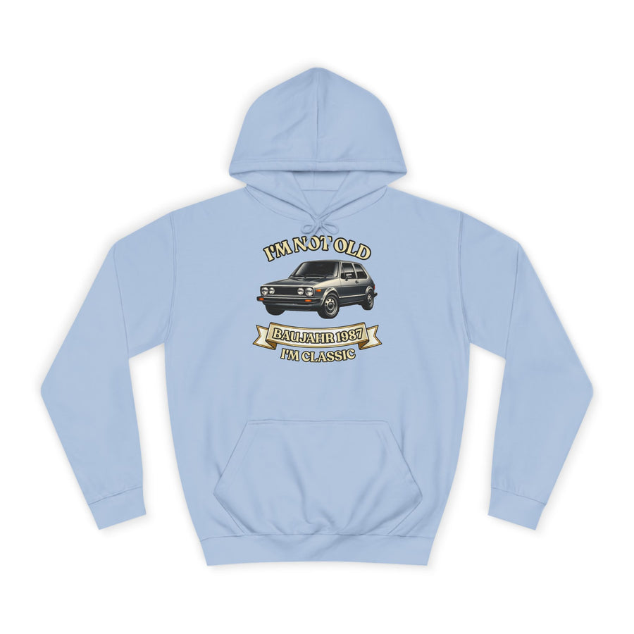 Geschenk zum 40. Geburtstag – Hoodie Jahrgang 1987 VW Golf – Sky Blue – Vorderseite