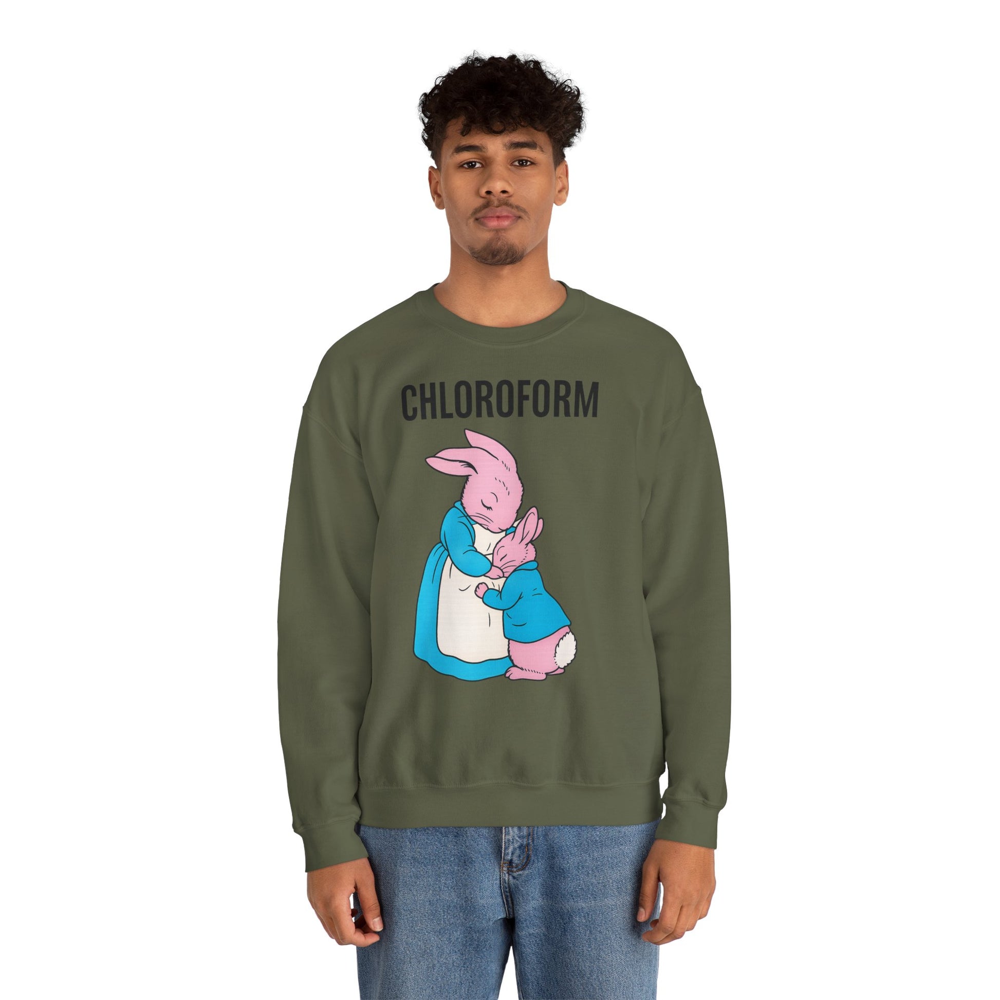 „CHLOROFORM“ – Retro-Sweatshirt mit Hasen und bösem Twist – Freches Satire-Design für mutige Statements | True Insights