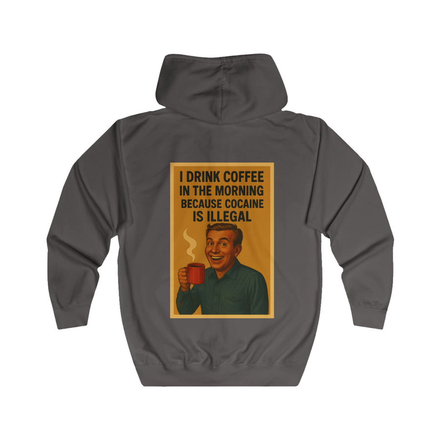 Kaffee Sweatjacke „I Drink Coffee Because Cocaine Is Illegal“ – Zip-Hoodie mit Rückendruck – Steel Grey – Rückenansicht