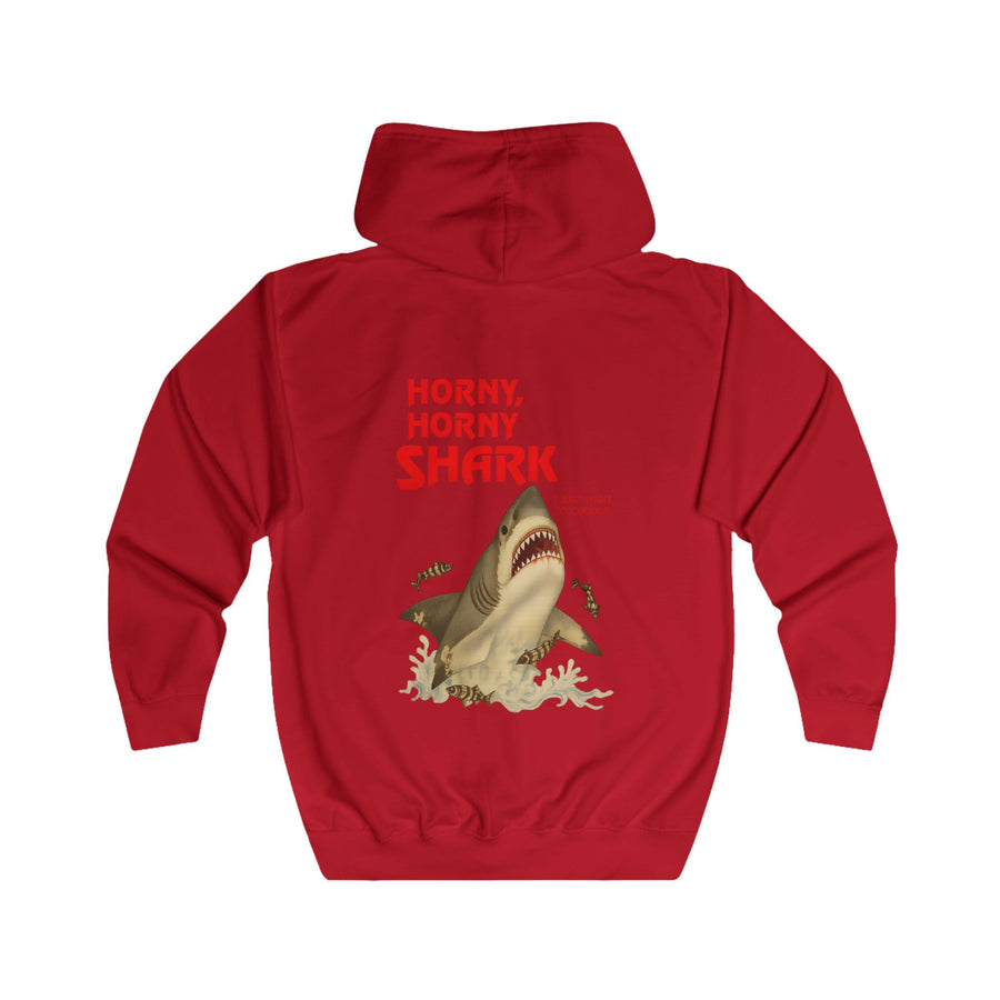 Hai Sweatjacke „Horny, Horny Shark“ – Zip-Hoodie mit Rückendruck – Fire Red – Rückenansicht