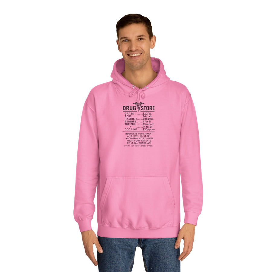 Drug Store Hoodie – Vintage-Apotheken-Motiv mit schwarzem Humor