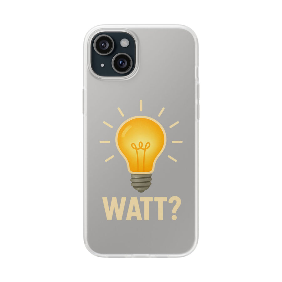 WATT? Handyhülle für iPhone 15 Plus – transparente Schutzhülle mit leuchtendem Glühbirnen-Motiv, Geschenk für Elektriker und Technikfans