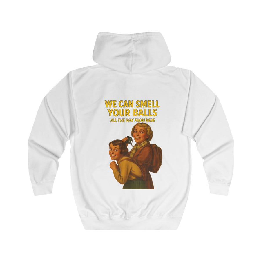 Retro Sweatjacke „We Can Smell Your Balls“ – Zip-Hoodie mit Rückendruck – Arctic White – Rückenansicht