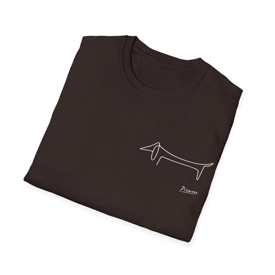 Schwarzes T-Shirt mit Dackel-Strichzeichnung und „Picasso“-Signatur.