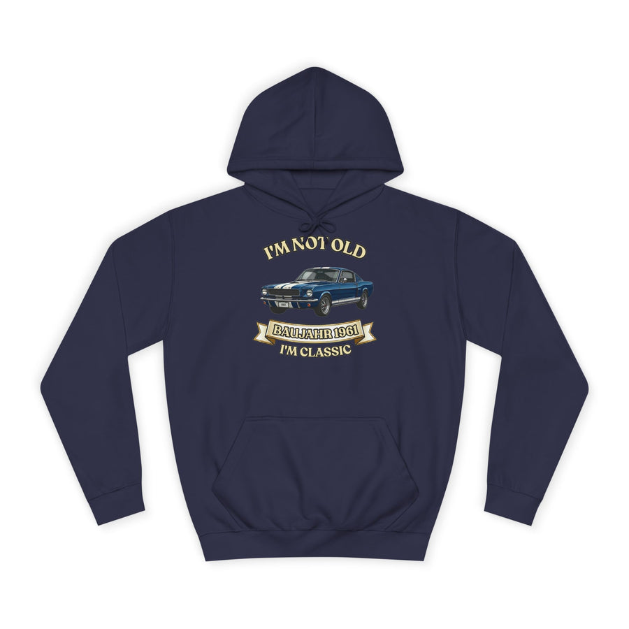 Geschenk zum 65. Geburtstag – Hoodie Jahrgang 1961 Muscle Car – Oxford Navy – Vorderseite