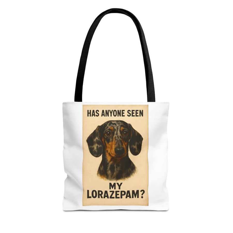 Lustige Dackel Tote Bag "Has Anyone Seen My Lorazepam?" – Vintage Hunde Stoffbeutel für Hundeliebhaber & Dackelfans