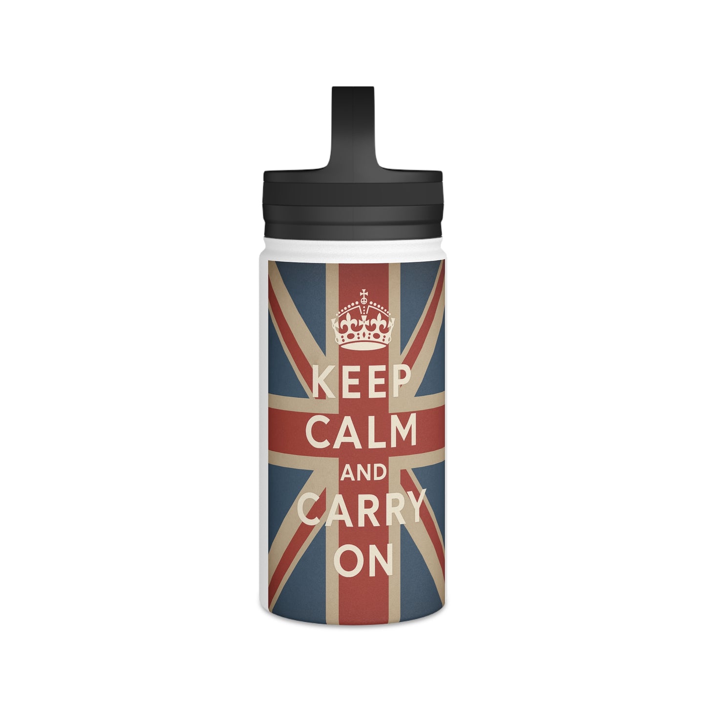 Keep Calm and Carry On RVS Drinkfles – Union Jack Vintage Design, Geïsoleerd met Handvat-Deksel, Brits Cadeau