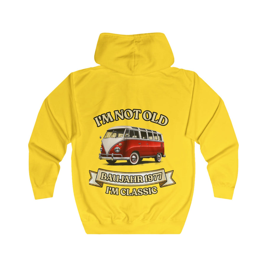 Geschenk zum 50. Geburtstag – Sweatjacke Jahrgang 1977 VW Bulli – Sun Yellow – Rückenansicht