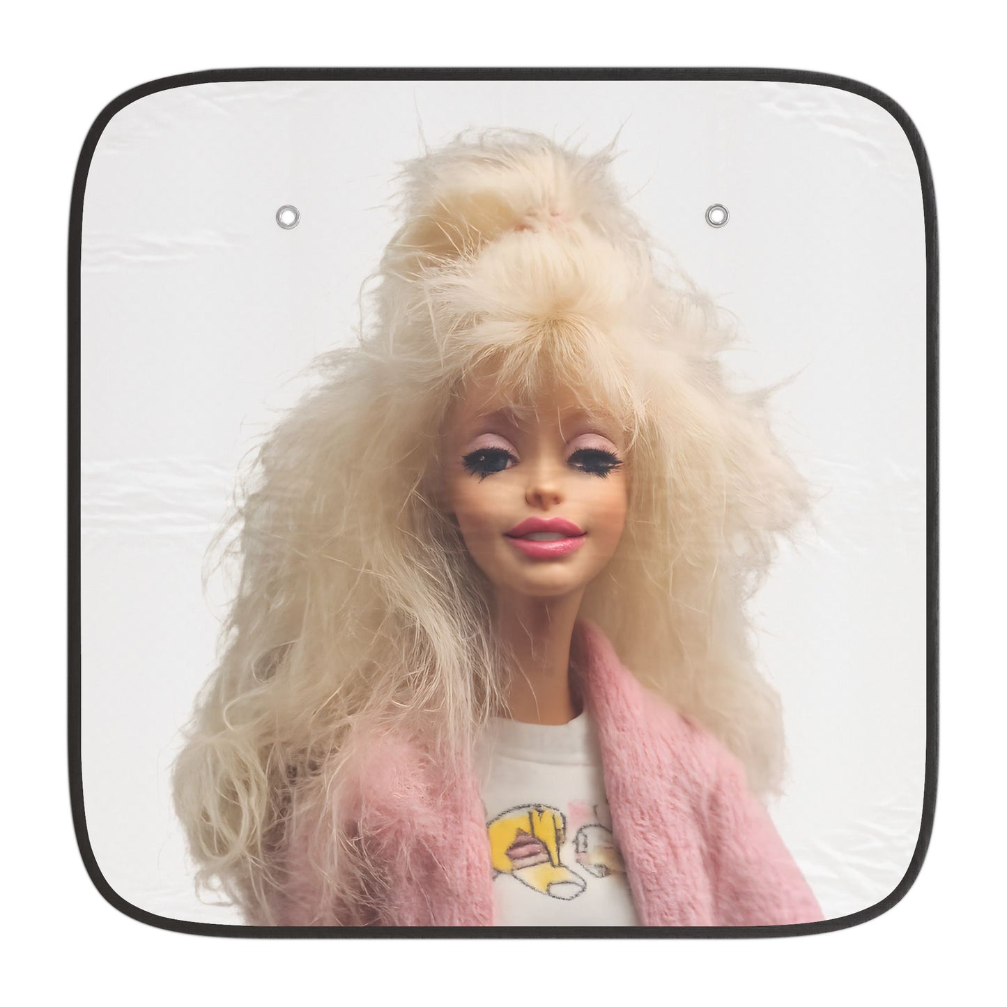Retro Barbie Puppe Auto-Sonnenschutz – 80er Style Blondine mit Föhnfrisur, faltbarer UV-Schutz für Windschutzscheibe, Geschenk für Puppen-Fans & Autoliebhaber