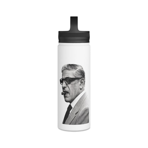 Aristoteles Onassis Portrait Edelstahl-Trinkflasche – Isolierte Wasserflasche mit Griff-Deckel, Vintage Schwarz-Weiß Ikone Geschenk