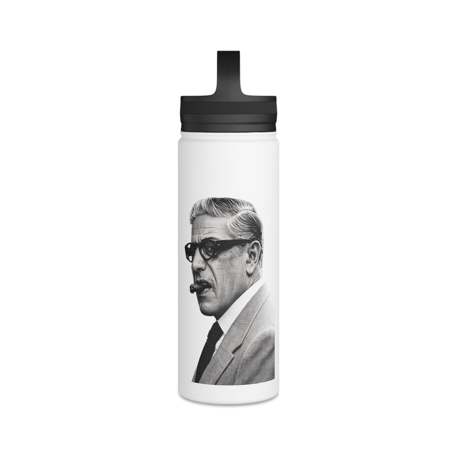 Naturweiße Trinkflasche mit schwarzweißem Porträtaufdruck eines Mannes mit Sonnenbrille und Zigarre.