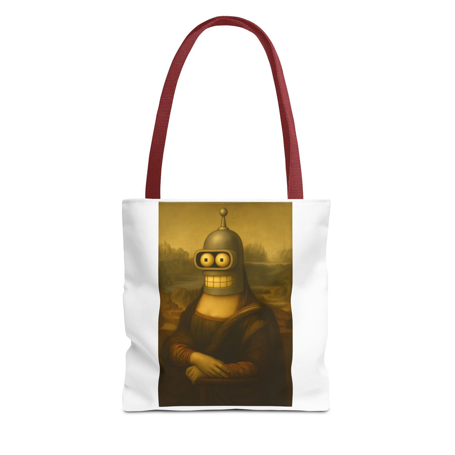 True Insights Tote Bag Mona Lisa Roboter Parodie Sci-Fi Motiv in Rot, witziger Kunst Stoffbeutel