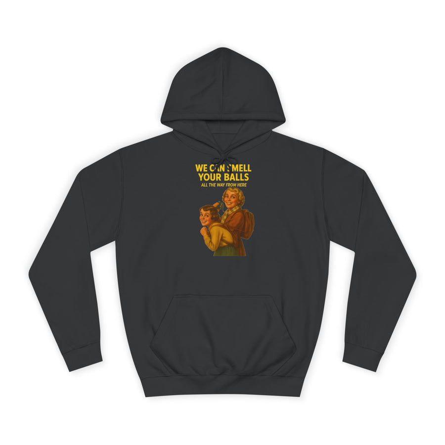Retro Hoodie „We Can Smell Your Balls“ – Retro-Motiv mit schwarzem Humor – Jet Black – Vorderseite