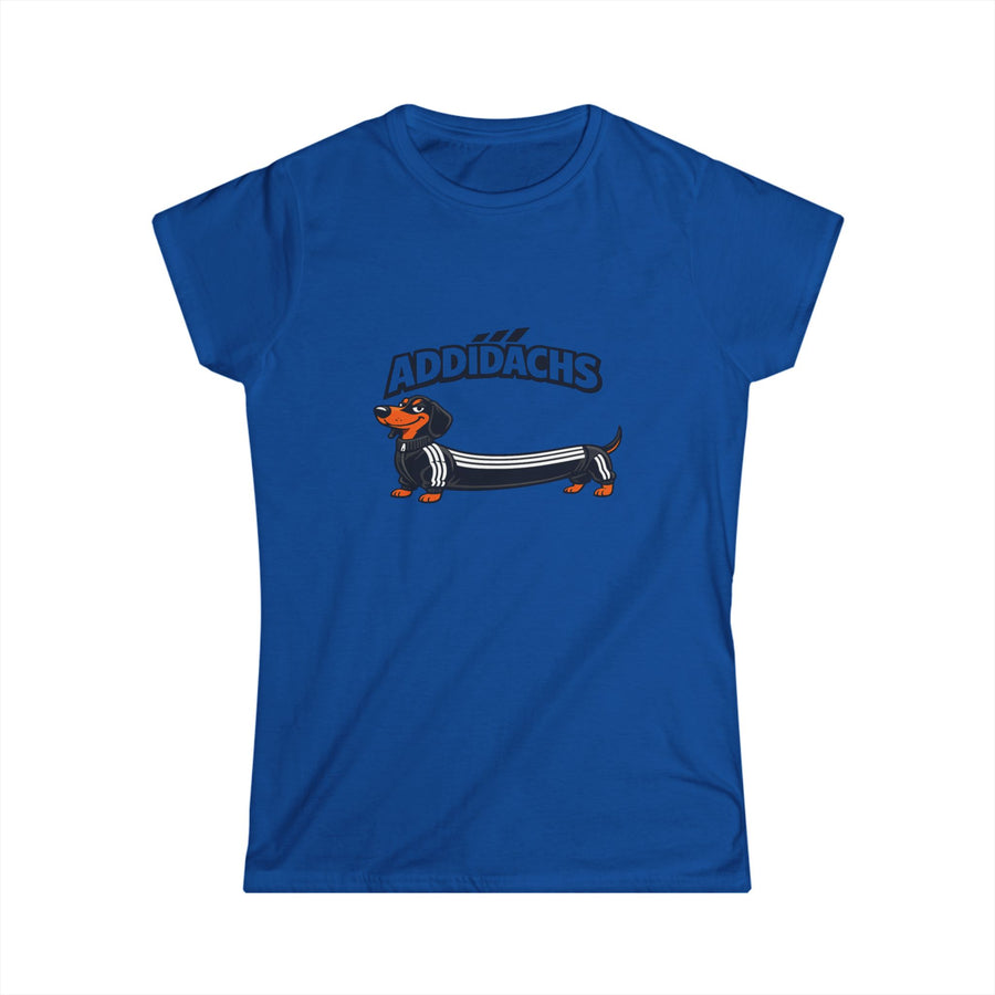 True Insights Damen T-Shirt Addidachs Dackel mit Sport-Streifen in Royalblau für Hundeliebhaberinnen