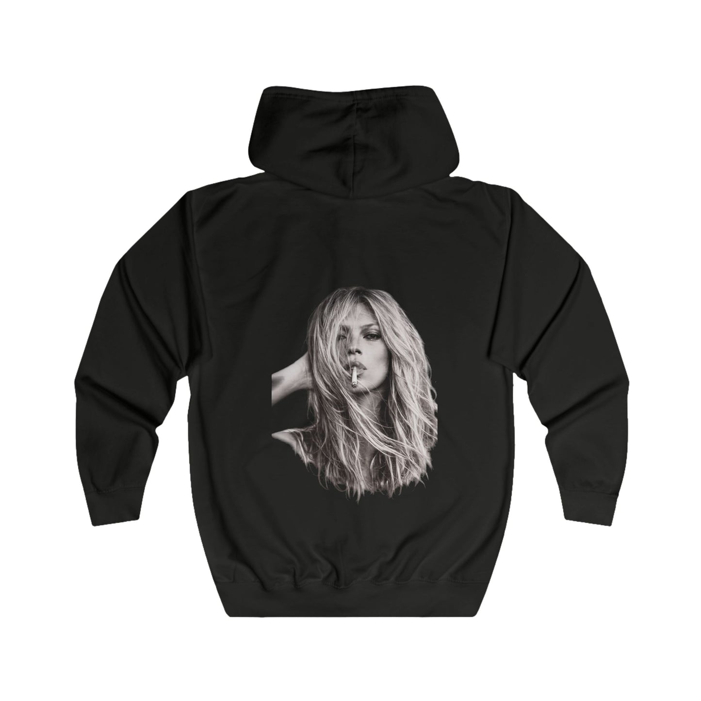 Kate Moss Zip Hoodie – Ikonisches Schwarz-Weiß Porträt Kapuzenjacke für Fashion & Musik Fans, Vintage Style Geschenk