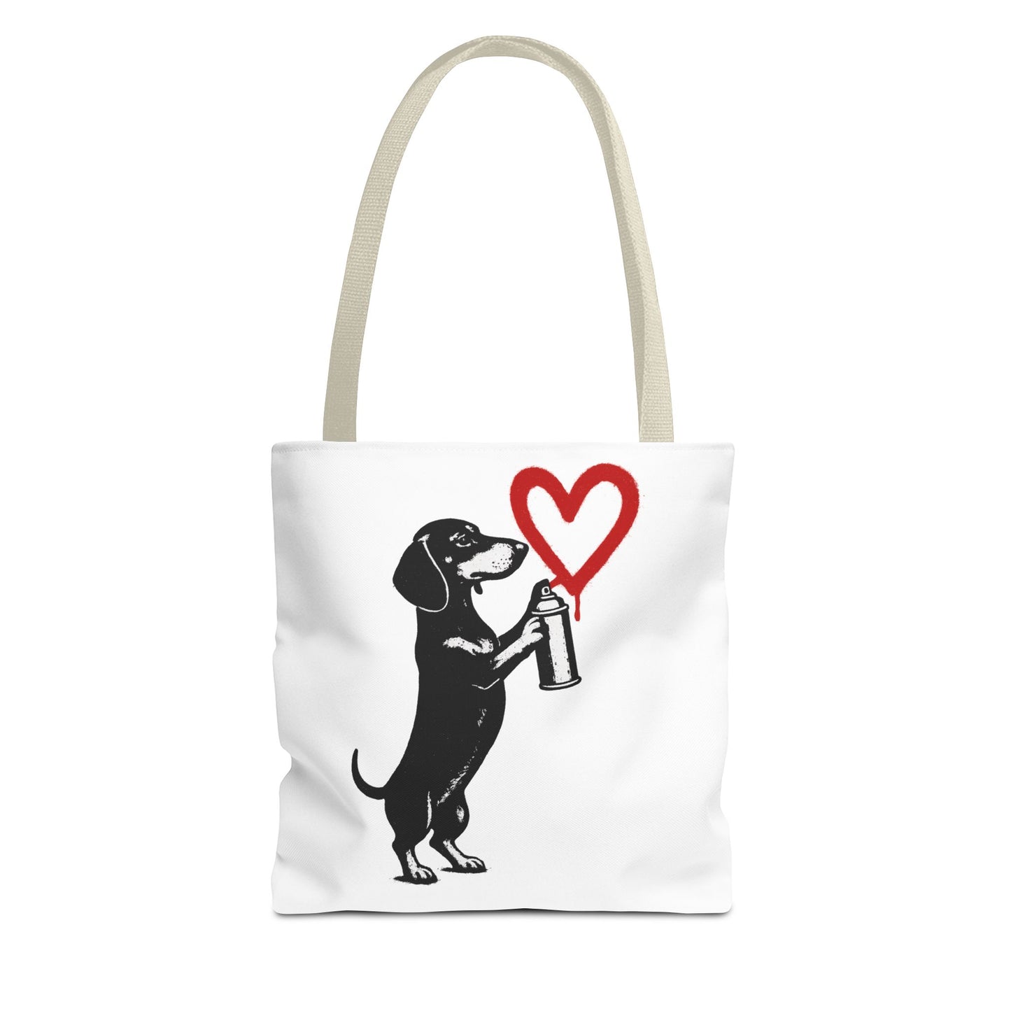 Banksy inspirierter Dackel Tote Bag Polyester – Street-Art Herz Sprühdose Beutel für Sport, Uni & Einkauf