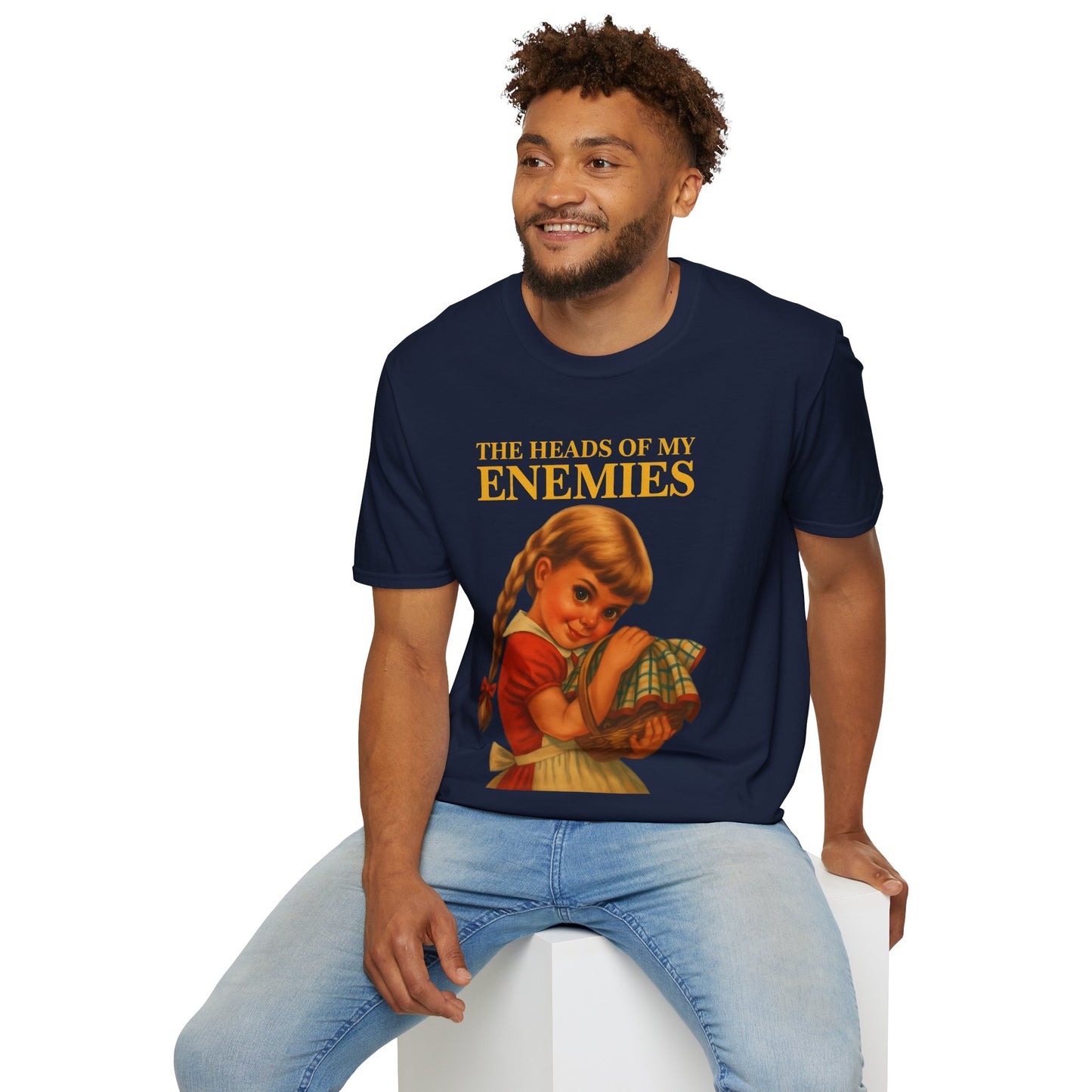 T-shirt “The Heads of My Enemies” – retro satire with children’s book flair