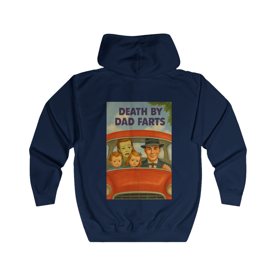 Papa Sweatjacke „Death by Dad Farts“ – Zip-Hoodie mit Rückendruck – Oxford Navy – Rückenansicht
