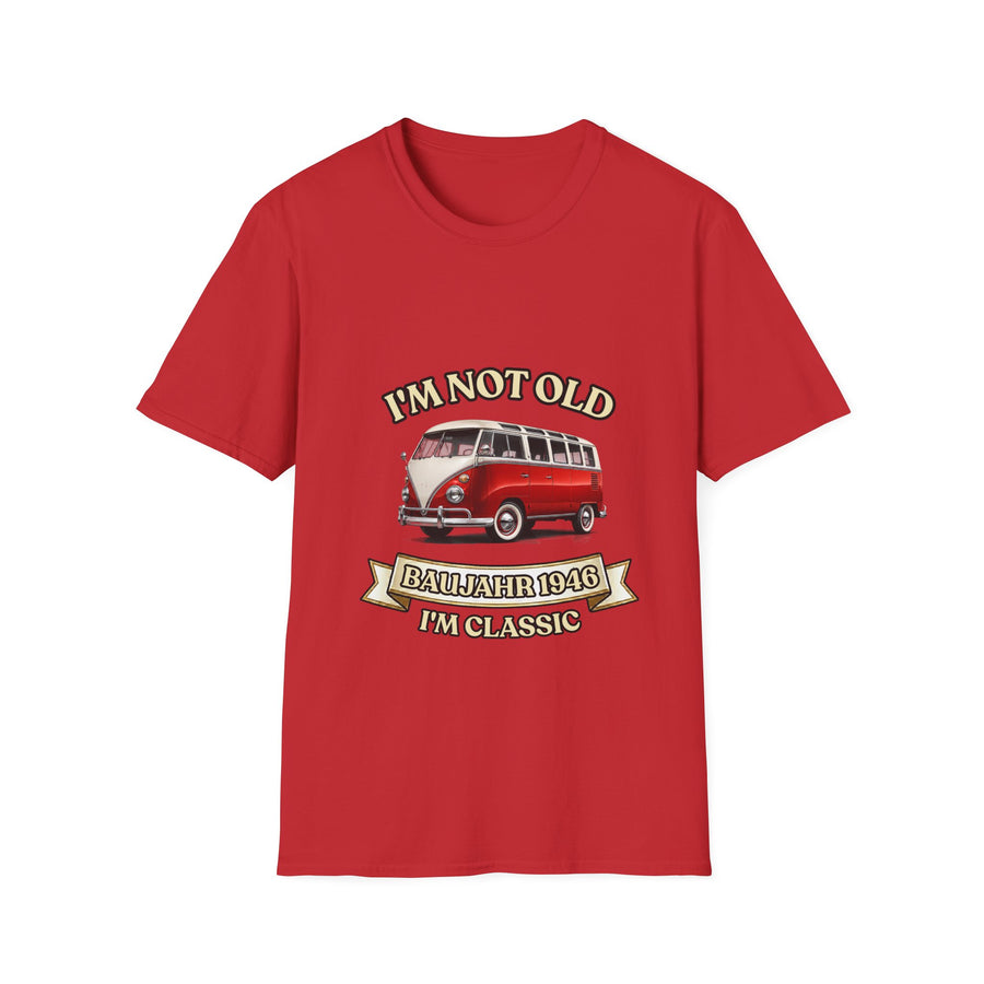 Geschenk zum 80. Geburtstag – T-Shirt Jahrgang 1946 VW Bulli – Red – Vorderseite
