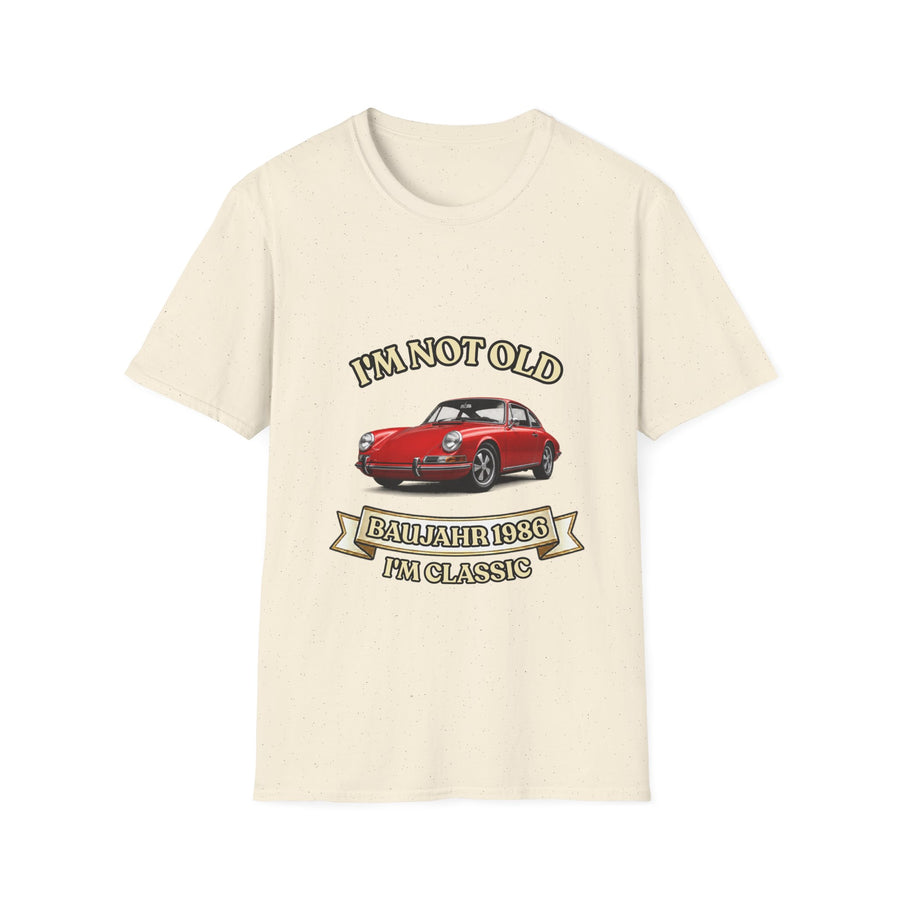 True Insights T-Shirt Baujahr 1986 Oldtimer Motiv in Natural, satirisches Geburtstagsgeschenk