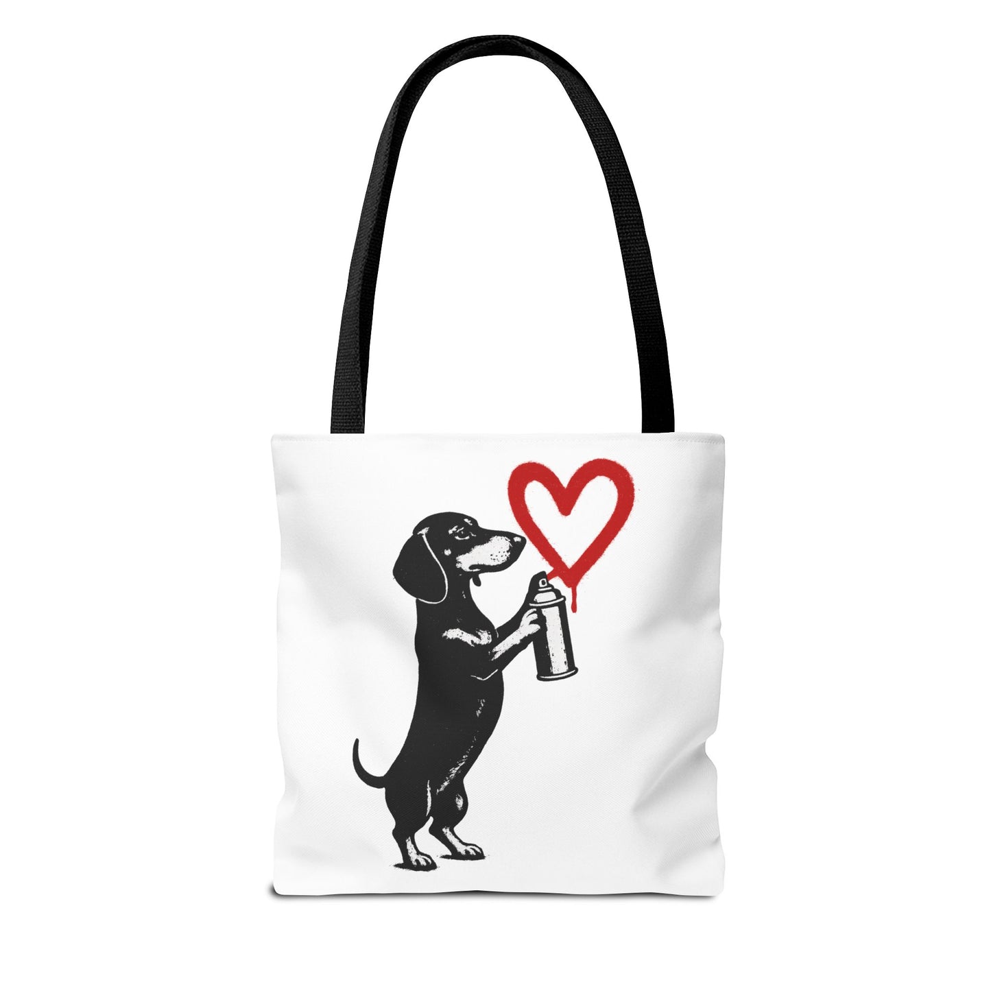 Banksy inspirierter Dackel Tote Bag Polyester – Street-Art Herz Sprühdose Beutel für Sport, Uni & Einkauf
