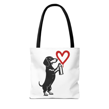 Banksy inspirierter Dackel Tote Bag Polyester – Street-Art Herz Sprühdose Beutel für Sport, Uni & Einkauf
