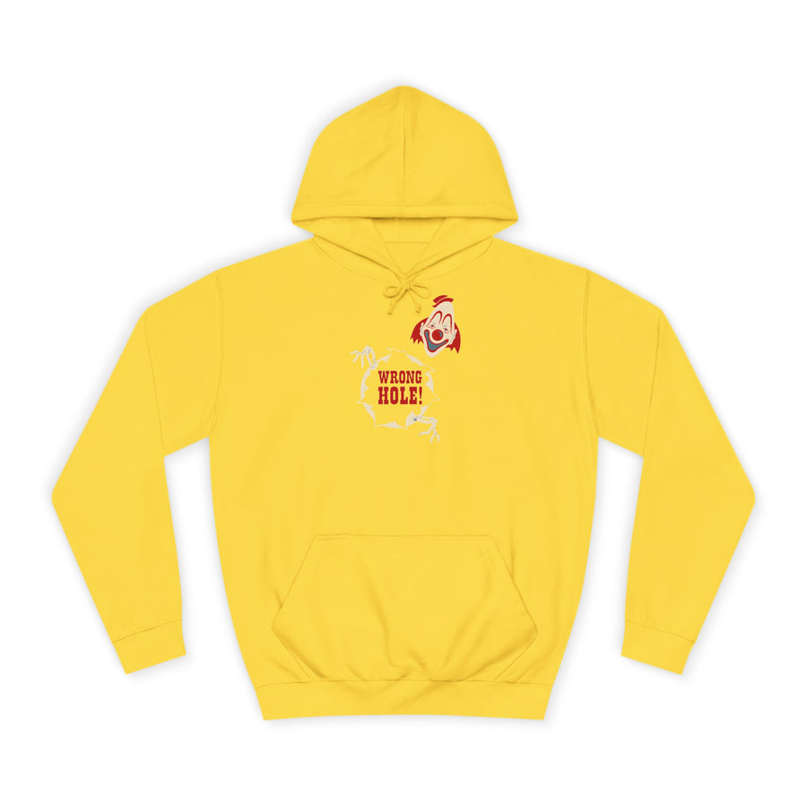 Hoodie „Wrong Hole!“ – Provokantes Clown-Motiv – Sun Yellow – Vorderseite