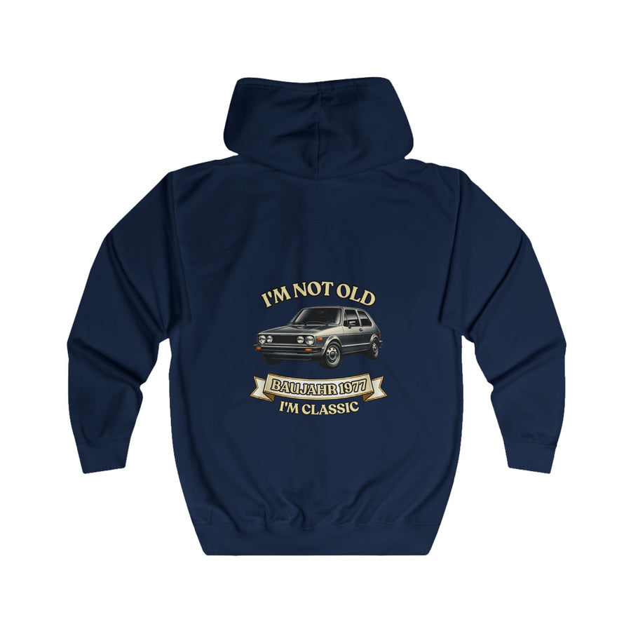 Geschenk zum 50. Geburtstag – Sweatjacke Jahrgang 1977 VW Golf – Oxford Navy – Rückenansicht