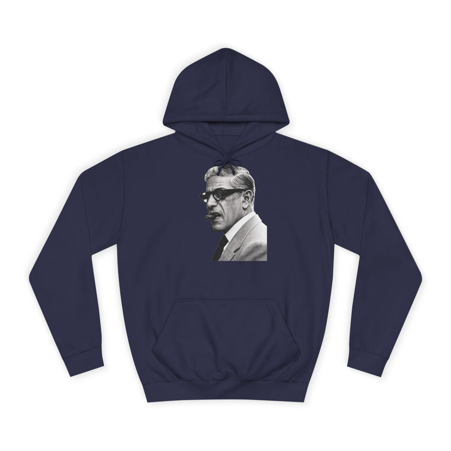 Marineblauer Kapuzenpullover mit Schwarz-Weiß-Porträt eines Mannes mit Sonnenbrille und Zigarre.