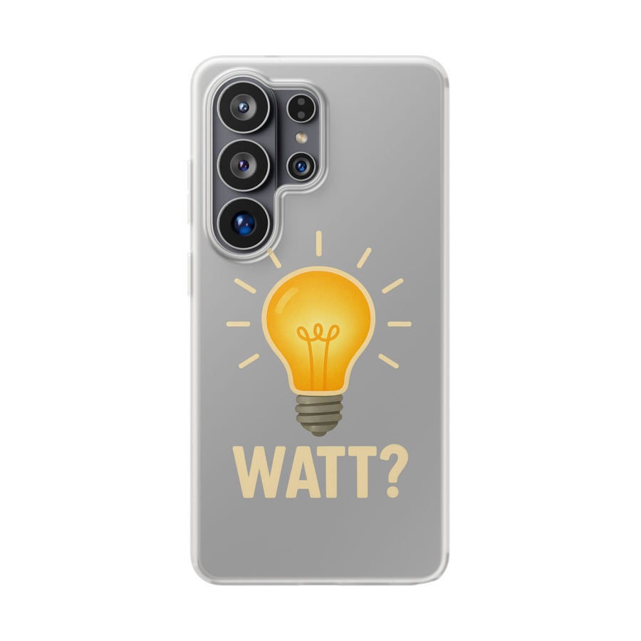 WATT? Handyhülle für Samsung Galaxy S26 Ultra – transparente Schutzhülle mit leuchtendem Glühbirnen-Motiv, Geschenk für Elektriker und Technikfans