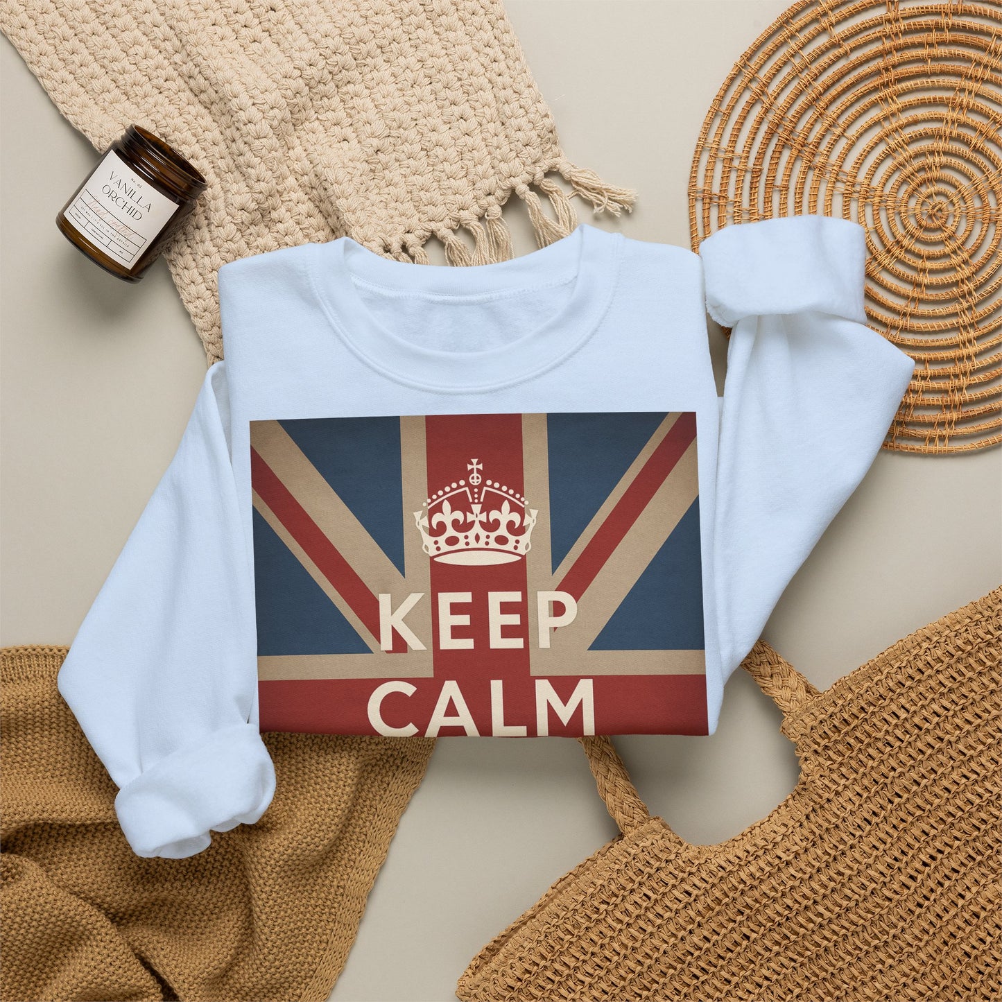 True Insights Pullover Keep Calm and Carry On britische Flagge Krone Detailansicht Vintage Print UK Fans