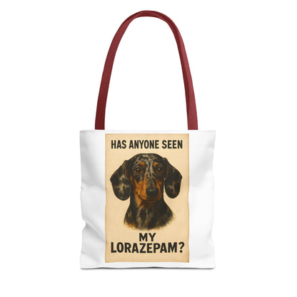 Lustige Dackel Tote Bag "Has Anyone Seen My Lorazepam?" – Vintage Hunde Stoffbeutel für Hundeliebhaber & Dackelfans