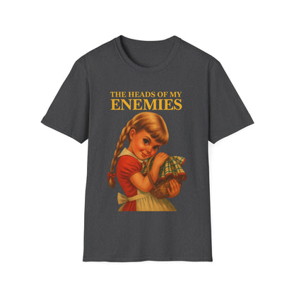 T-shirt “The Heads of My Enemies” – retro satire with children’s book flair