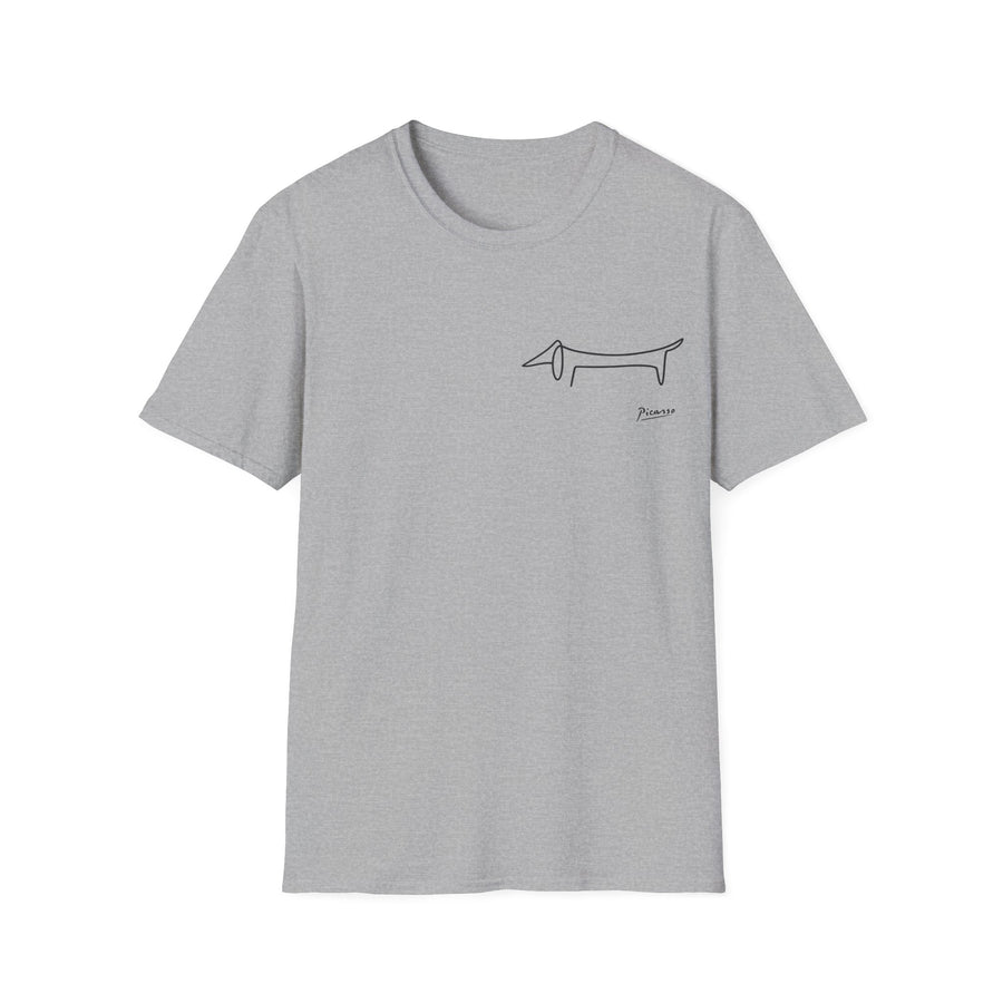 Graumeliertes T-Shirt mit minimalistischer Dackel-Linienskizze und „Picasso“-Signatur.