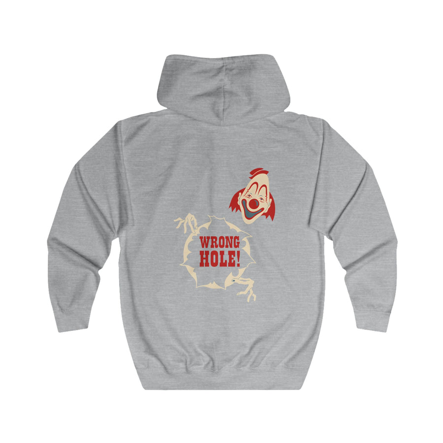 True Insights Wrong Hole! Zip-Hoodie – Provokantes Clown-Motiv mit schwarzem Humor