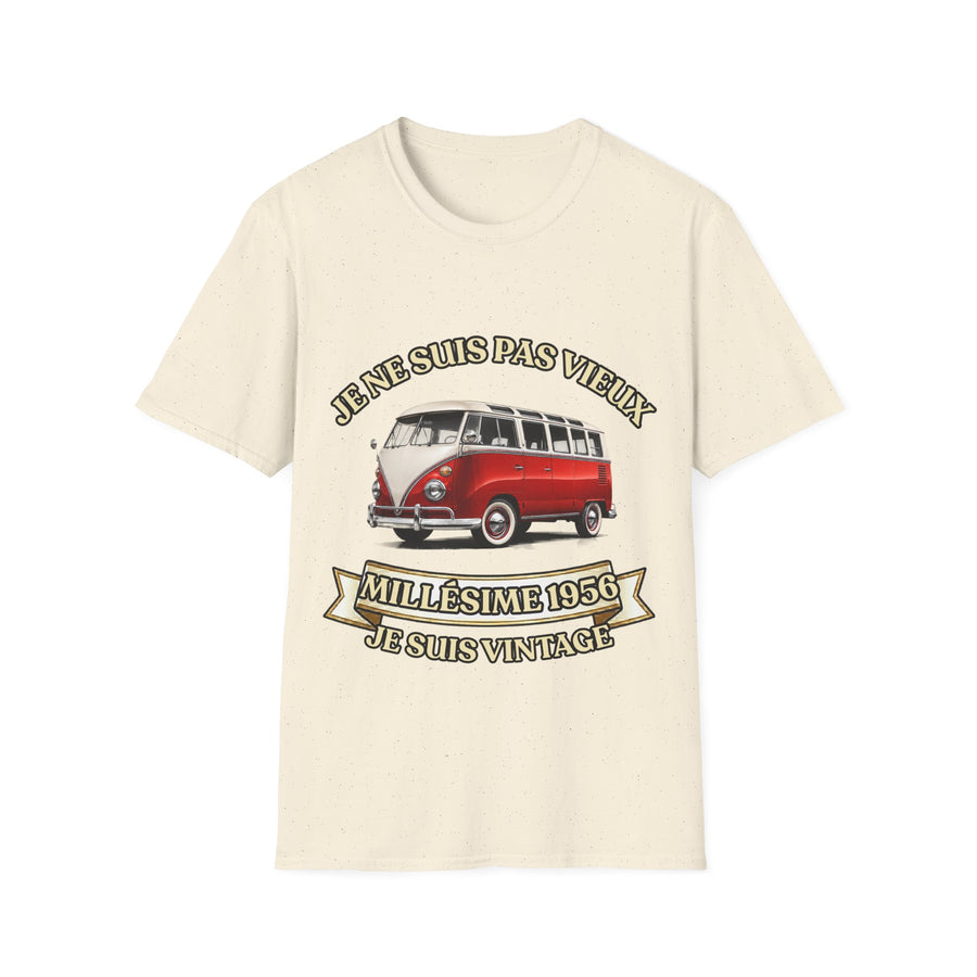 Vintage 1956 T-Shirt – FRENCH print « Je ne suis pas vieux, je suis vintage » – 70th Birthday Gift for Men | red & white VW Bus