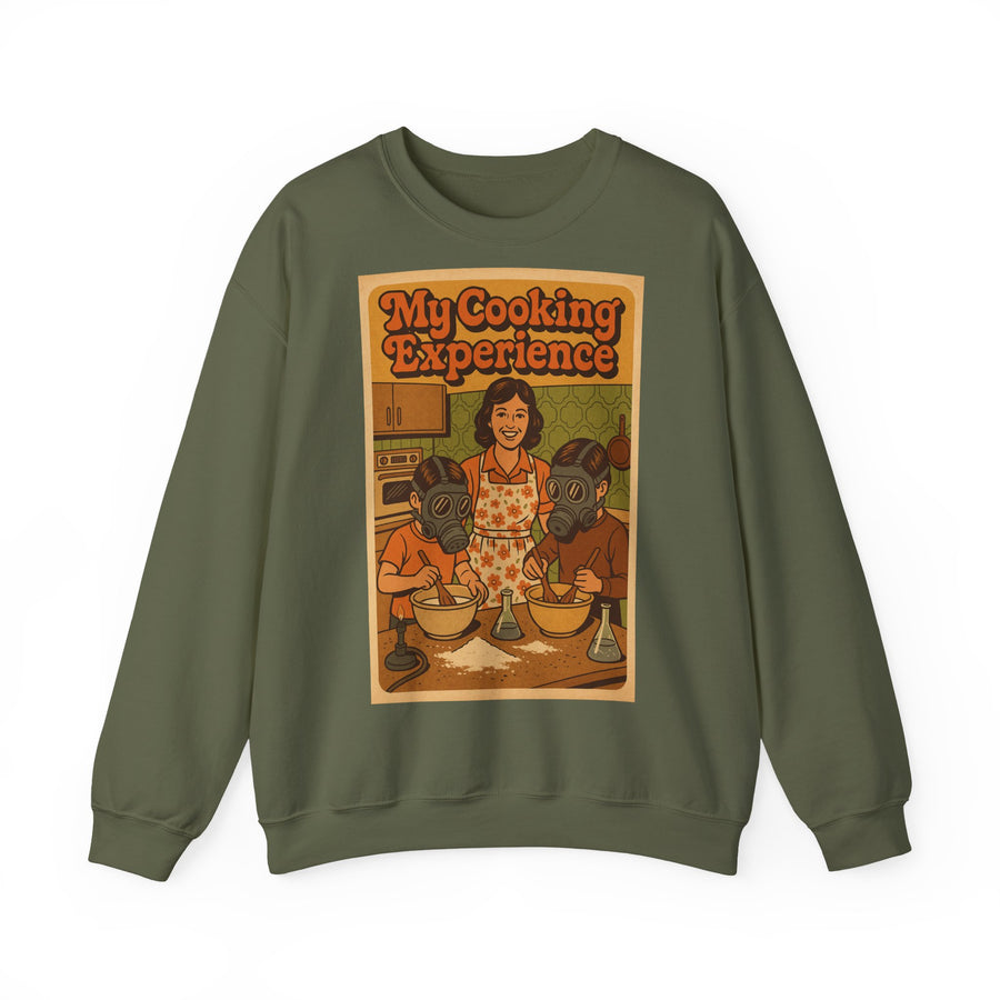 True Insights My First Cooking Experience Sweatshirt – Retro-Motiv mit Gasmasken in der Küche